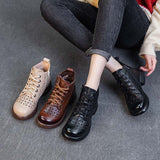 Top Layer Cowhide Hollow Female Boots High-Top Breathable Women's Leather Boots Low Heel Soft Bottom Soft Surface Hole Martin Boots Women's Shoes