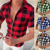 LUTAOTIE Cross-Border  European and American Lapel Four-Sided Stretch Plaid Printed Shirt Men's Slim Fit Fashion Zipper Cardigan Short Sleeve Lining