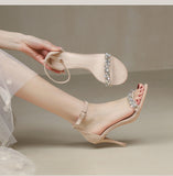 LUTAOTIE Summer New Rhinestone with Skirt High Heels Women's Ankle-Strap Stilettos Sandals Elegant Socialite Fashion Women's Shoes