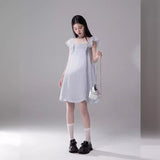 Shuman Soft Blue Woven Flying Sleeve Dress Women's Summer New Small Sized Man's Wear Sweet and Simple Skirt