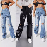 New European and American  Wish Embroidery Ripped Fashion Denim Skinny Pants Female 69310