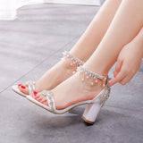 LUTAOTIE Square White Rhinestone Tassel Bride Wedding Heels