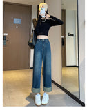 Real Shot Autumn and Winter Jeans for Women New Small Retro High Waist Slimming and Straight Wide Leg Mop Pants