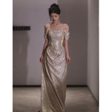 off-Shoulder Evening Dress  New Elegant High-Grade Shiny Toast Dress Bride Elegant Banquet Host Women