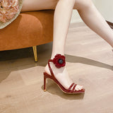 LUTAOTIE New Square Toe Patent Leather Flower Open Toe Ankle-Strap High Heels Versatile Summer  Sandals for Women