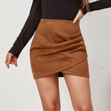 LUTAOTIE Suede Solid Color Sheath Skirt Autumn and Winter Heap Pleated Irregular Zipper Skirt Cross-Border Women's Clothing