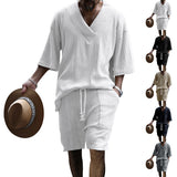 LUTAOTIE Cross-Border  Casual Jacquard Suit Men's Hot Selling Loose Short-Sleeved T-shirt Men's V-neck Sports Suit Two-Piece Set