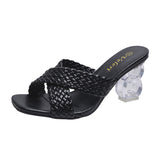 LUTAOTIE Cross-Border New Arrival plus Size High Heel Slippers Simple Woven Cross Strap Crystal European and American Fashion Foreign Trade Women's Shoes