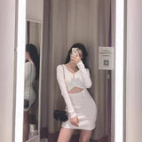 INS European and American Style New Summer Hot Trade  Solid Color Sexy Navel Slimming Hollow out V-neck Short Sleeve Dress Women