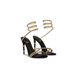 LUTAOTIE Snakelike Winding Sandals Women Summer Fashion  New Black Internet Famous Sexy Rhinestone Stiletto High Heels