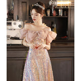 Evening Dress Women's  Style Banquet Temperament Light Luxury Minority High Sense Student Day Pink Sequin Adult Ceremony off-Shoulder