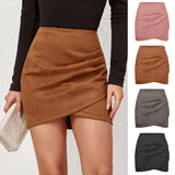 LUTAOTIE Suede Solid Color Sheath Skirt Autumn and Winter Heap Pleated Irregular Zipper Skirt Cross-Border Women's Clothing