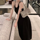 Sexy Retro Solid Color Sling Dress Female Summer Hot Girl U Collar Swing Long Dress Sleeveless Waist Slimming A- line Skirt