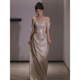 off-Shoulder Evening Dress  New Elegant High-Grade Shiny Toast Dress Bride Elegant Banquet Host Women