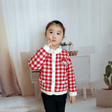 24 autumn and winter new Korean version of children's clothing jacket red plaid small fragrant wind girls sweater bear embroidered children's cardigan