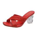 LUTAOTIE Cross-Border New Arrival plus Size High Heel Slippers Simple Woven Cross Strap Crystal European and American Fashion Foreign Trade Women's Shoes