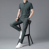 LUTAOTIE Ice Running Sportswear Suit Men's Summer Thin Ice Silk Lapel T-shirt Men Leisure Set Suit Wholesale