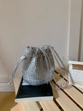 LUTAOTIE  South Korea Ins Special-Interest Design Gentle Soft Leather Pleated Drawstring Bucket Bag Shoulder Stylish Good Texture Silver Underarm Bag