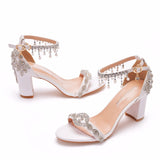 LUTAOTIE Square White Rhinestone Tassel Bride Wedding Heels