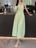 Sexy Retro Solid Color Sling Dress Female Summer Hot Girl U Collar Swing Long Dress Sleeveless Waist Slimming A- line Skirt