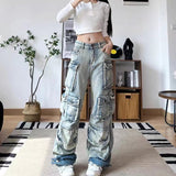 LUTAOTIE  Autumn New Style Fried Street Style Large Pocket Design Washed Gradient Tooling Paratrooper Pants Casual Jeans Women's Fashion