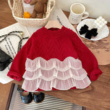 Girls Princess Lace Splicing Sweater 2024 Autumn and Winter New Thickened Warm Knitted Sweater Children's Pullover