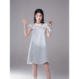 Shuman Soft Blue Woven Flying Sleeve Dress Women's Summer New Small Sized Man's Wear Sweet and Simple Skirt