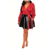 LUTAOTIE European and American Women's Clothing  Cross-Border Sexy Solid Color PU Leather Swing plus Size Women's Skirt