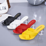 LUTAOTIE Cross-Border New Arrival plus Size High Heel Slippers Simple Woven Cross Strap Crystal European and American Fashion Foreign Trade Women's Shoes