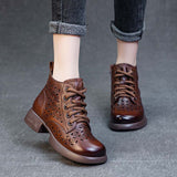 Top Layer Cowhide Hollow Female Boots High-Top Breathable Women's Leather Boots Low Heel Soft Bottom Soft Surface Hole Martin Boots Women's Shoes