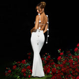 HOT and NEW Cross Border Best Selling Women's Clothes Sexy Evening Dress Backless Shoulder Strap Three-Dimensional Flower Decorative Sling Long Dress