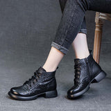 Top Layer Cowhide Hollow Female Boots High-Top Breathable Women's Leather Boots Low Heel Soft Bottom Soft Surface Hole Martin Boots Women's Shoes