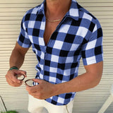 LUTAOTIE Cross-Border  European and American Lapel Four-Sided Stretch Plaid Printed Shirt Men's Slim Fit Fashion Zipper Cardigan Short Sleeve Lining