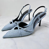 LUTAOTIE Za Spring/Summer New Denim Low-Cut Lace-up Hollow Closed Toe Sexy Stiletto Heel Fashion Sandals Muller Shoes