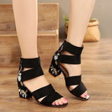 LUTAOTIE Mid Open Toe Elastic Band Back Zipper Heels