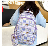 New Large Capacity Cute Printed Bear School Bag High School Primary School Student Bag Plaid Campus Lightweight Backpack Wholesale