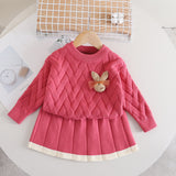 Girls sweater skirt autumn and winter new solid color rabbit head knitted two-piece set, baby girl reverse collar long sleeve foreign style