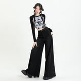 LUTAOTIE  Street Style Washed-out Vintage Asian Culture Black Gray Wide Leg Denim Women's Sweeping Pants Elephant Leg Loose Trousers Raw Edge Foot Edge