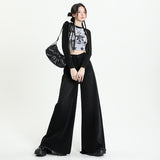 LUTAOTIE  Street Style Washed-out Vintage Asian Culture Black Gray Wide Leg Denim Women's Sweeping Pants Elephant Leg Loose Trousers Raw Edge Foot Edge