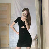 INS European and American Style New Summer Hot Trade  Solid Color Sexy Navel Slimming Hollow out V-neck Short Sleeve Dress Women