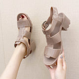 LUTAOTIE Elegant Women's Comfortable Thick Buckle Roman Heels