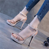 LUTAOTIE New High Heel Women's Shoes European and American Sexy Waterproof Platform Ankle-Strap Open Toe Rhinestone High Heel Shoes Women's Summer Sandals