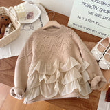 Girls Princess Lace Splicing Sweater 2024 Autumn and Winter New Thickened Warm Knitted Sweater Children's Pullover