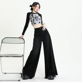 LUTAOTIE  Street Style Washed-out Vintage Asian Culture Black Gray Wide Leg Denim Women's Sweeping Pants Elephant Leg Loose Trousers Raw Edge Foot Edge