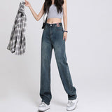 S2011 Retro High Waist Straight Jeans Women's Design Niche Loose Summer Draping Effect Distressed Mop Trousers