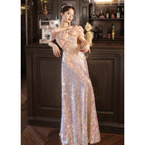 Evening Dress Women's  Style Banquet Temperament Light Luxury Minority High Sense Student Day Pink Sequin Adult Ceremony off-Shoulder