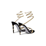 LUTAOTIE Snakelike Winding Sandals Women Summer Fashion  New Black Internet Famous Sexy Rhinestone Stiletto High Heels