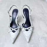 LUTAOTIE Za Spring/Summer New Denim Low-Cut Lace-up Hollow Closed Toe Sexy Stiletto Heel Fashion Sandals Muller Shoes