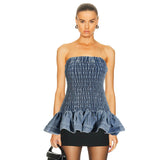 European and American Sexy Hot Girl Style Short Skirt 2024 Summer New off-Neck Patchwork Ruffled Denim Tube Top Dress Women