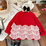 Girls Princess Lace Splicing Sweater 2024 Autumn and Winter New Thickened Warm Knitted Sweater Children's Pullover